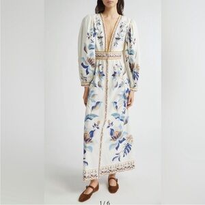 FARMRio Mystic Blue Lotus Placed Print Long Sleeve Linen Blend Maxi Dress size M